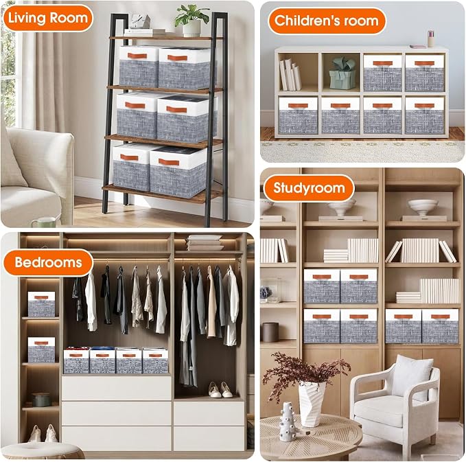 Collapsible Storage Baskets for Shelves,14"x10", 6 Pack Foldable Fabric Storage Bins with Double Leather Handles, Large Baskets for Organizing Books, Clothes, White & Grey - Image 6