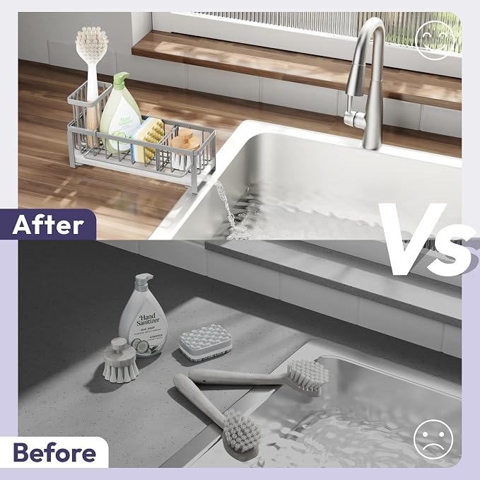 SWTYMIKI Sponge Holder for Kitchen Sink - Sink Caddy with Brush Holder Self-draining Sponge Caddy Organizer with Divider Stainless Steel Kitchen Accessories Storage for Countertop, Gray - Image 5