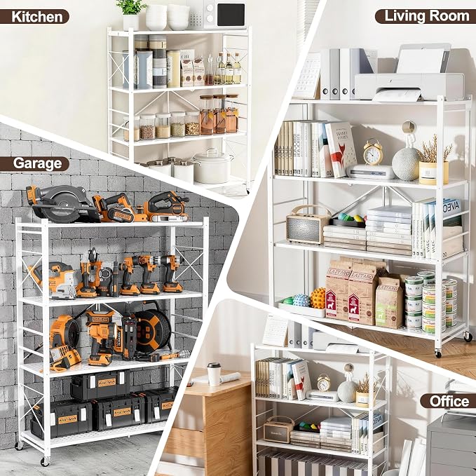 39.4" Wide 4-Tier Foldable Storage Shelves with Wheels & 20 Hooks | Heavy Duty Metal Folding Shelf Unit, No Assembly, Adjustable 3rd Shelf for Kitchen, Garage, Pantry, Bookshelf, White - Image 7
