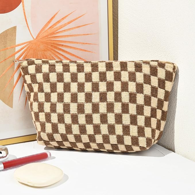 SOIDRAM 2 Pieces Makeup Bag Large Checkered Cosmetic Bag Capacity Canvas Travel Toiletry Bag Organizer Cute Makeup Brushes Aesthetic Accessories Storage Bag for Women, Brown checkered - Image 6