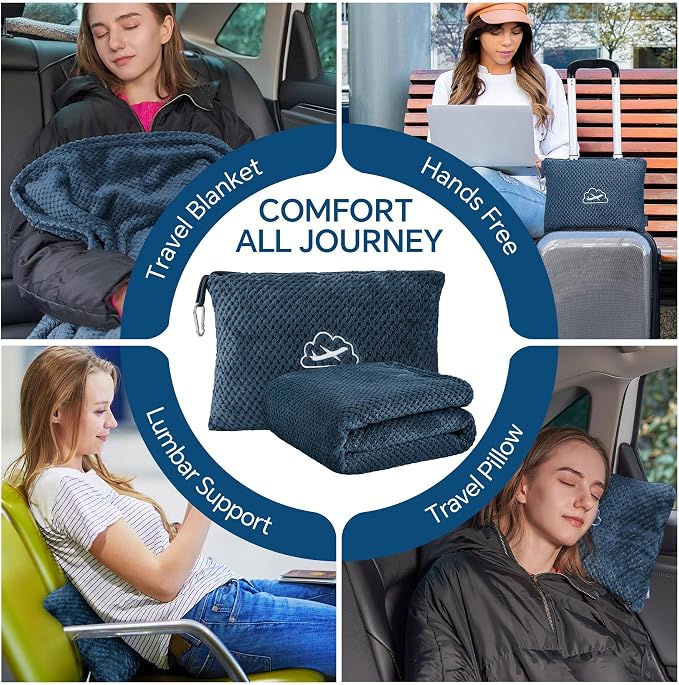 BEDELITE Travel Blanket with Bag, Jacquard Fleece Blanket 65"x40", Navy | Ultra-soft Airplane Blanket, Luggage Sleeve & Backpack Clip, Travel Essentials for Women, Foldable as Pillow for Long Flight - Image 3