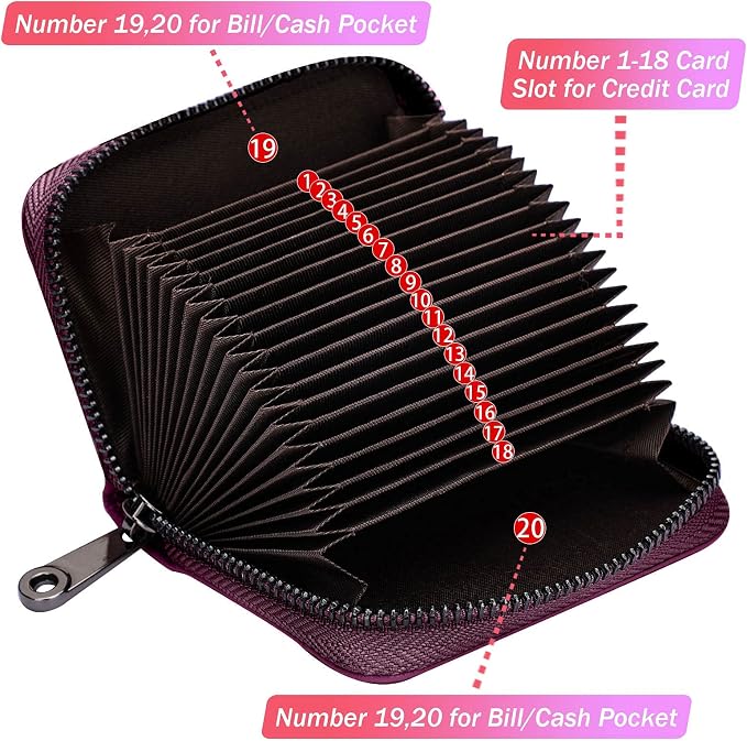 Linno RFID 20 Slots Credit Card Holder Genuine Leather Small Wallet for Women or Men with Zipper - Image 2