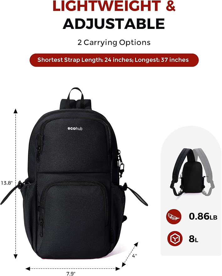 ECOHUB Crossbody Bags for Women Men, Anti-Theft RFID Blocking Sling Backpack Water Resistant Chest Shoulder Daypack, Black - Image 3