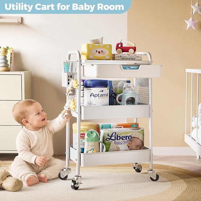 KINGBOARD 3 Tier Metal Rolling Cart with Drawer, White Utility Storage Cart | 2 Cups & 4 Hooks, Lockable Wheels, Trolley Organizer for Bathroom, Kitchen, Office, Nursery, Dorm, Laundry, Craft Room - Image 8