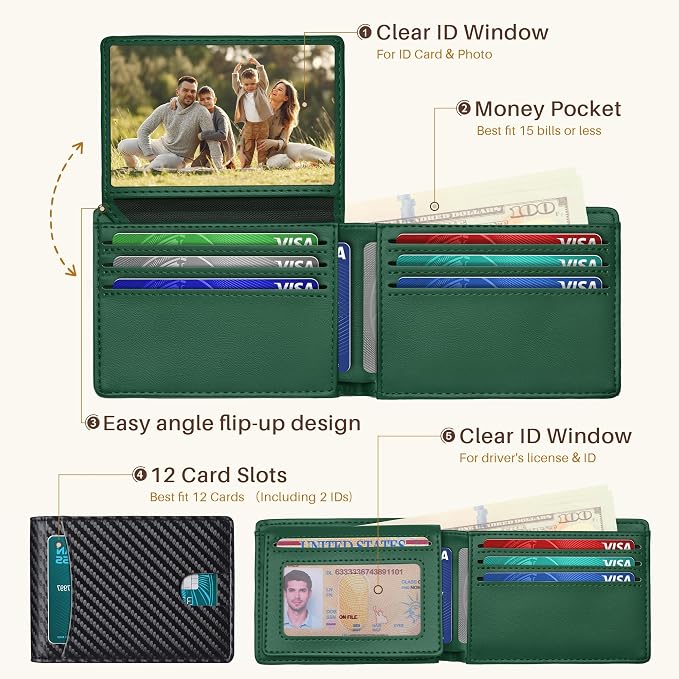 Tipmile Wallet for Men Slim RFID Blocking Credit Card Holder, Minimalist Men Wallets 12 Cards with 2 ID Windows & Cash Slot, Bifold Front Pocket Wallet Gifts for Men - Image 3