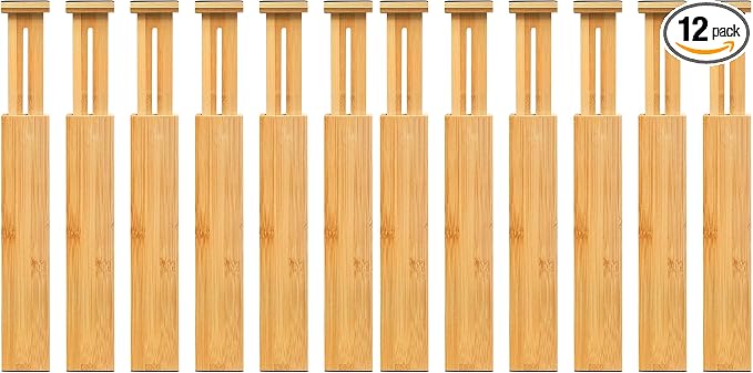 VaeFae 12-Pack Adjustable Bamboo Drawer Dividers, Expandable Drawer Organizer for Kitchen Utensils, Clothes, Bathroom, Office – Fits Drawer Interiors 16.6" to 21.8" by VaeFaeDirect
