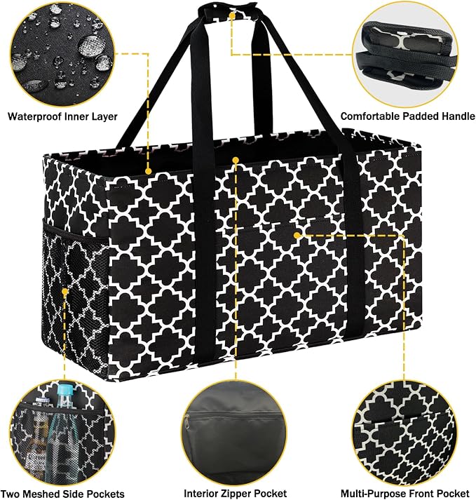 GhvyenntteS Extra Large Utility Tote Bag - Stand Up Utility Tote with Metal Wire Frame & Hard Bottom Board, Reusable Grocery Bags With Handles for Storage, Picnics, Beach, Pool, Laundry, Car, Camping | 22.5"×10.5"×12" - Image 6
