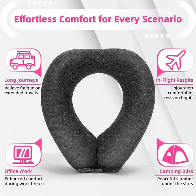 Neck Pillow Airplane Travel Set - Pure Memory Foam Travel Pillow for Long Flights Essentials, Sleeping with 3D Contoured Eye Mask, Earplugs, Portable Bag (Grayish) - Image 4