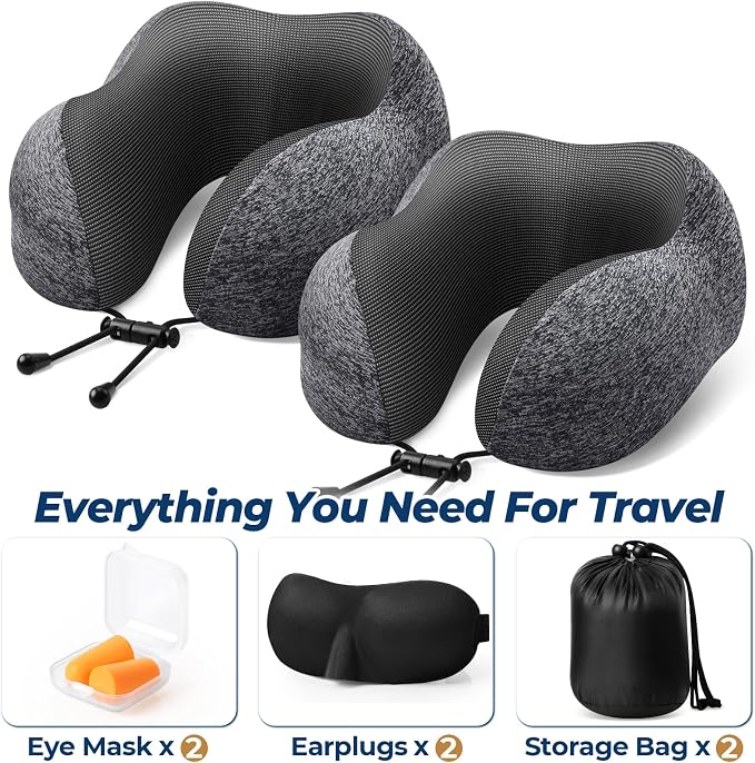 ExploreBliss Travel Pillow, 2 Pack Travel Pillows for Sleeping Airplane, Removable Cover Neck Pillow with Adjustable Clasp, Memory Foam Neck Pillow Set (Dark Grey*2) | Travel Pillows for Airplanes, Neck Pillow Airplane, Memory Foam Neck Pillow Set with... - Image 2