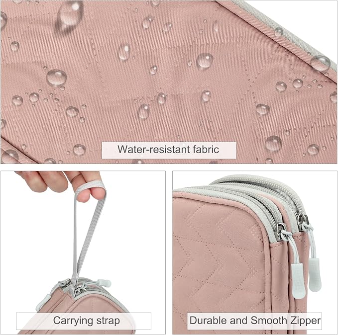FYY Electronic Organizer, Travel Tech Pouch, Cable Organizer Pink Quilted | Wrist Strap, Waterproof, Double Layers Portable Electronics Travel Carrying Case for Cord, Charger, Daily Business Trips Use - Image 4
