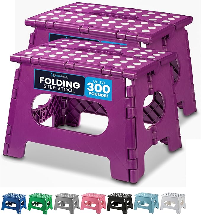 Handy Laundry Folding Step Stool 9 Inch 2-Pack, Purple, Holds 300 lbs | 2-Pack, 9 Inch, Purple, Foldable Collapsible Step Stool, Non-Slip, Holds 300 lbs, Kitchen Bathroom Bedroom, Adults by Handy+Laundry