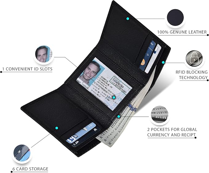 Real Leather Mens Trifold Wallet RFID Blocking Slim Minimalist Front Pocket - Thin & Stylish with ID Window in Gift Box - Image 2