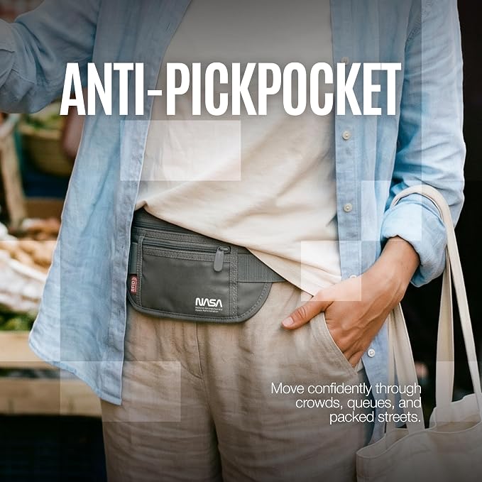 NASA Money Belt with RFID-Secured Passport Protection (Lunar Grey) | Concealed Carry | Genuine NASA Insignia | RFID Blocking | YKK Zippers | Breathable Mesh | Key Carabiner - Image 9