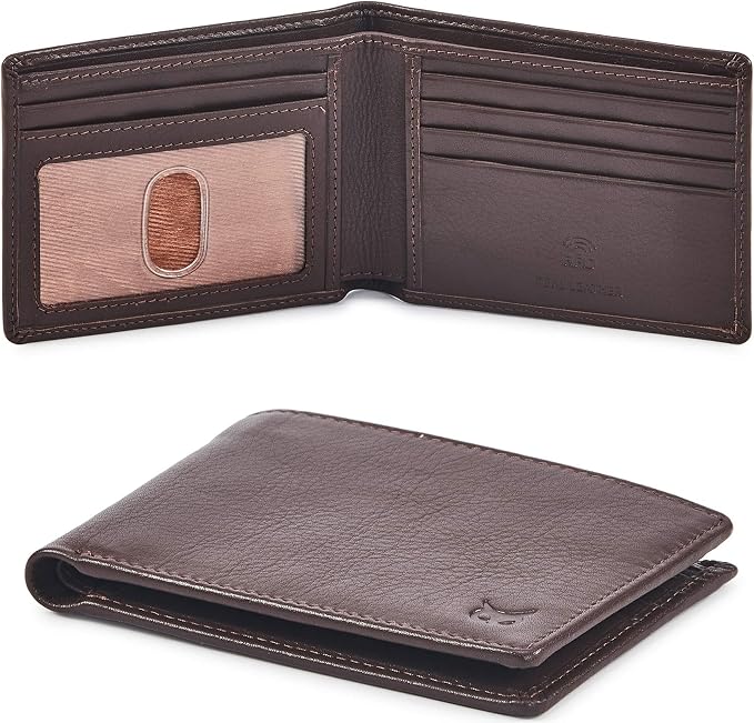 Real Leather Mens Bifold Wallet RFID Blocking Slim Minimalist Front Pocket - Thin & Stylish with ID Window in Gift Box (Nappa, Chocolate) by WiseOwlAccessories