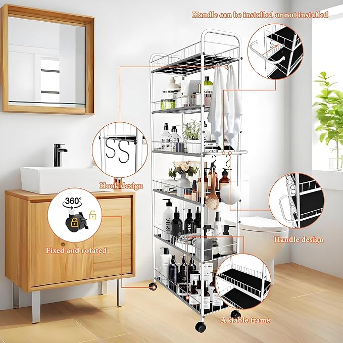 10in 6 Tier Slim Storage Cart with Wheels, Narrow Space Rolling Shelving Unit with Handle, Metal Wire Mobile Organizer Rack for Kitchen Bathroom Office Laundry - Image 5