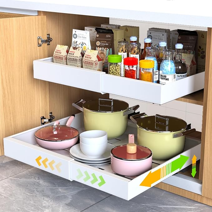 2 Pack Pull Out Cabinet Organizer 21" Deep Expandable Slide Out Drawer Organizers,No Drill Pull Out Drawers Adhesive with Nano Compatible Framed Cabinets Shelves For Kitchen Pantry Adjustable Width by Unknown