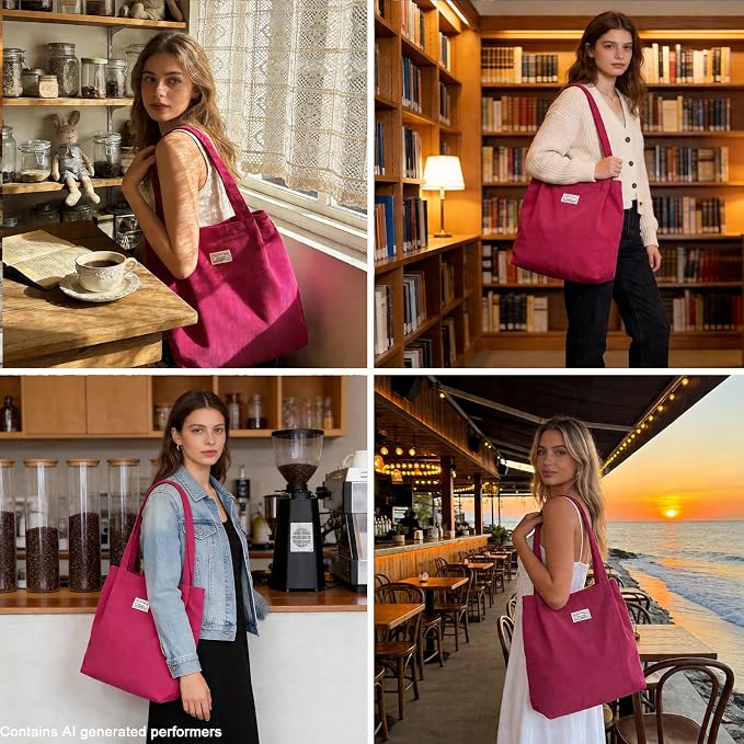 UERRUAM Corduroy Tote Bag for Women with Inner Pockets, Cute Go-to Bag | Slouchy Shoulder Bag for Everyday, Work, Books, Beach & Grocery Shopping, Lightweight Washable Foldable, Cloth Purse - Image 2