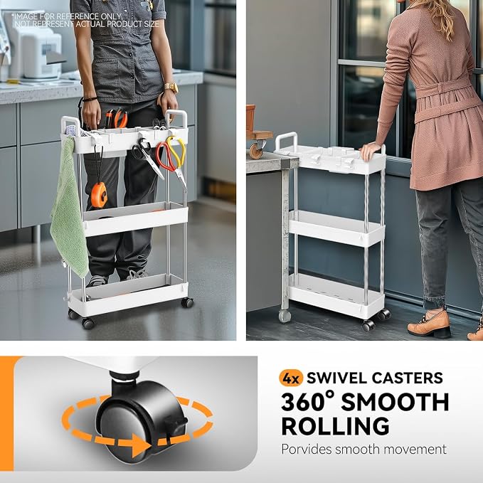 Auto Dynasty 3-Tier Rolling Utility Cart w/Handle, Narrow Storage, White | Sturdy Steel Frame, Smooth-Rolling Casters, Multifunctional Shelves, Space-Saving Slim Design, for Office/Kitchen/Bathroom - Image 6