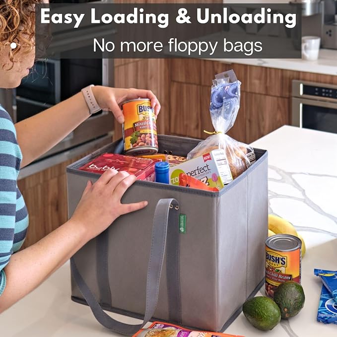 Creative Green Life Reusable Grocery Bags (3 Pack) – Heavy Duty Reusable Shopping Bags with Box Shape to Stand Up, Stay Open, Fold Flat – Large Tote Bags with Long Handles & Reinforced Bottom (Gray) - Image 8