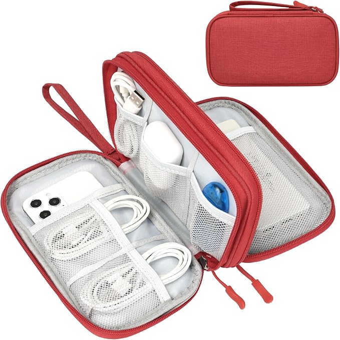 FYY Electronic Organizer, Travel Tech Pouch Bag, Medium, Red | Wrist Strap, Waterproof, Double Layers Portable Electronics Travel Carrying Case for Cord, Charger, Daily Business Trips Use by FYY
