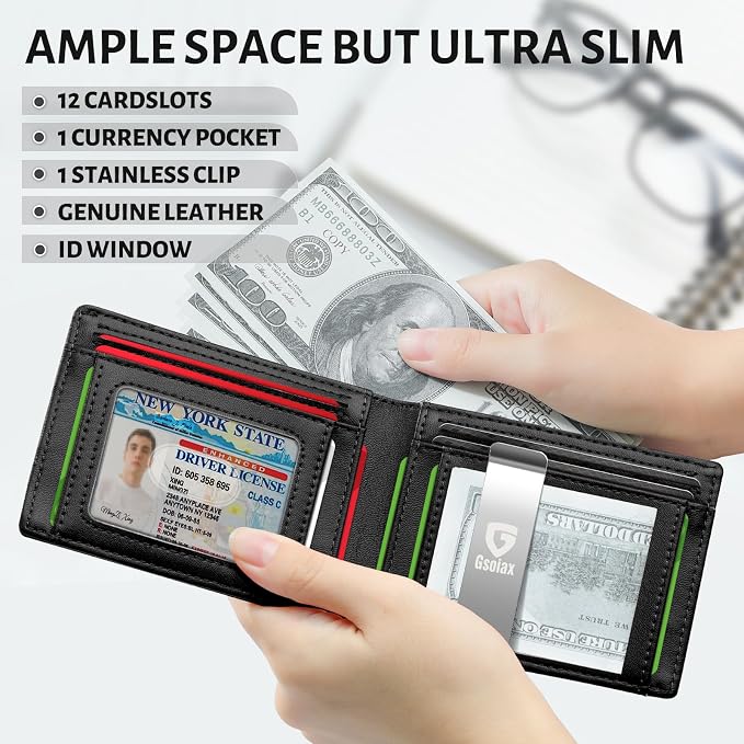 GSOIAX Slim Wallet for Men Rfid Blocking Leather Bifold Front Pocket Carbon Fiber Men's Money Clips Credit Card Holder With Gift Box (Black money clip) - Image 3