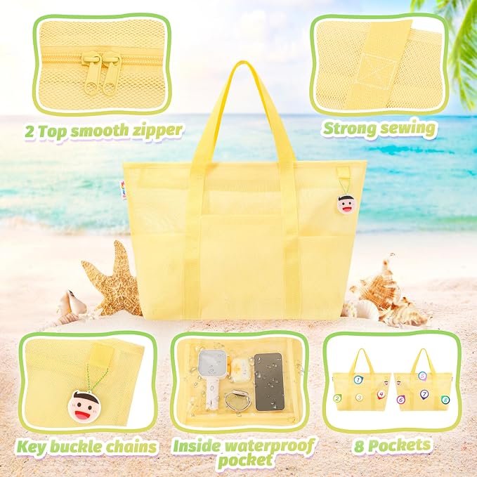 Tagitary Mesh Beach Bag with Zipper Large Beach Tote Waterproof Sandproof with 8 Pockets for Toys Pool Bag Beach Accessories - Image 5