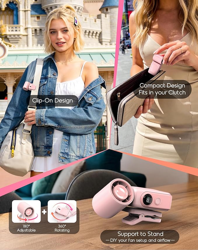 Portable Clip-On Mini Fan, Personal Handheld Fan for Stroller w/ LED Screen | Hands-Free, 360°Rotatable Clip, Turbo 13500RPM,4 Wind,USB Rechargeable, Travel Lash Beach Concert Ideal, Gifts for Women Girl - Image 6
