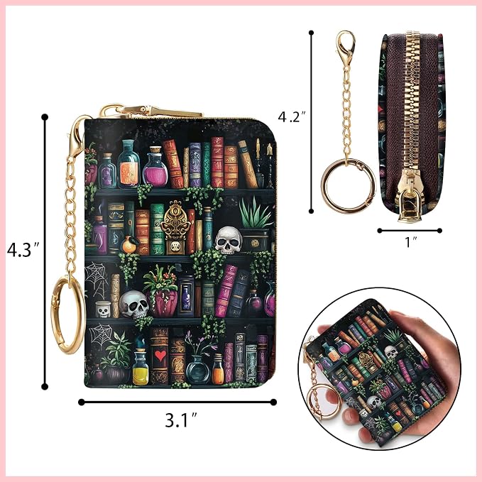 Blusabaca RFID Credit Card Holder Small Women Travel Wallet, Bookshelf Goth | Removable Keychain, Case with Zipper, Vegan PU Leather, Cash Coin Pocket, Business Accordion Purse, Ladies Female Gift - Image 4
