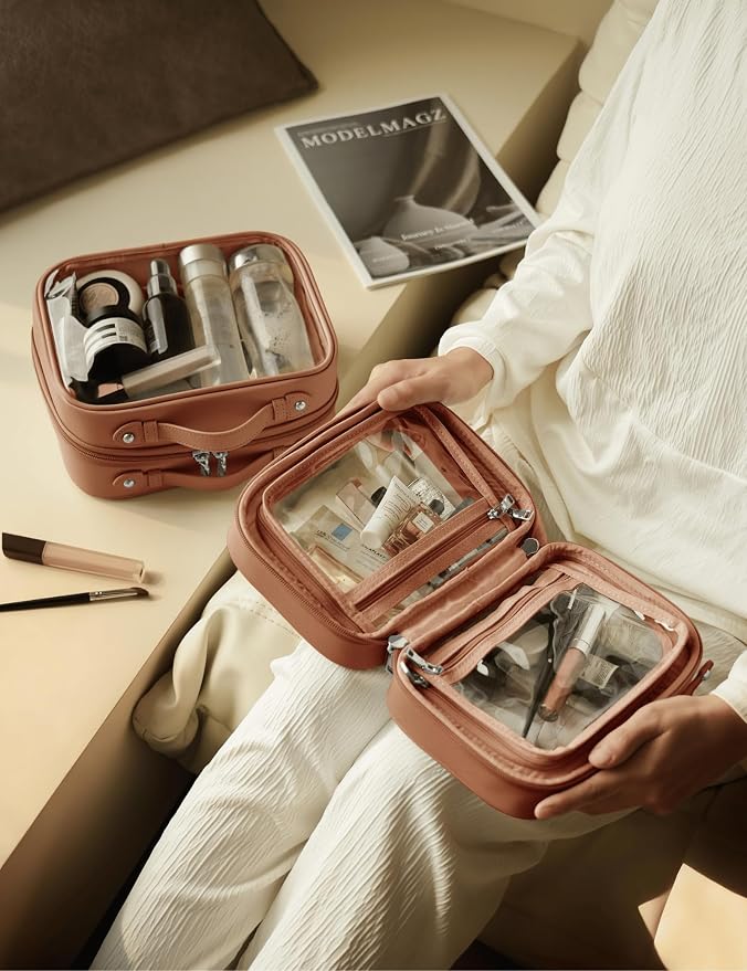 Clear Cosmetic Bag Double Layer Travel Toiletry Bag Clear Makeup Bag Case with 4 Compartments, Transparent Travel Bag for Toiletries, Large Toiletry Bag for Women Cosmetic Case (Brown, Small) - Image 7