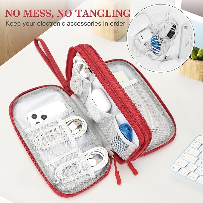 FYY Electronic Organizer, Travel Tech Pouch Bag, Medium, Red | Wrist Strap, Waterproof, Double Layers Portable Electronics Travel Carrying Case for Cord, Charger, Daily Business Trips Use - Image 5