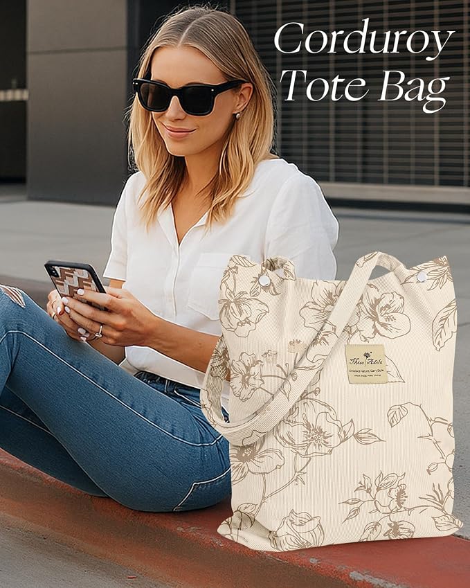 Miss Adola Corduroy Tote Bag for Women with Aesthetic Design | Magnetic Buckle & Pocket, Reusable, Soft, Roomy, Long Shoulder Handles, Double-sided Print, Casual Daily Work, Grocery Bags - Image 6