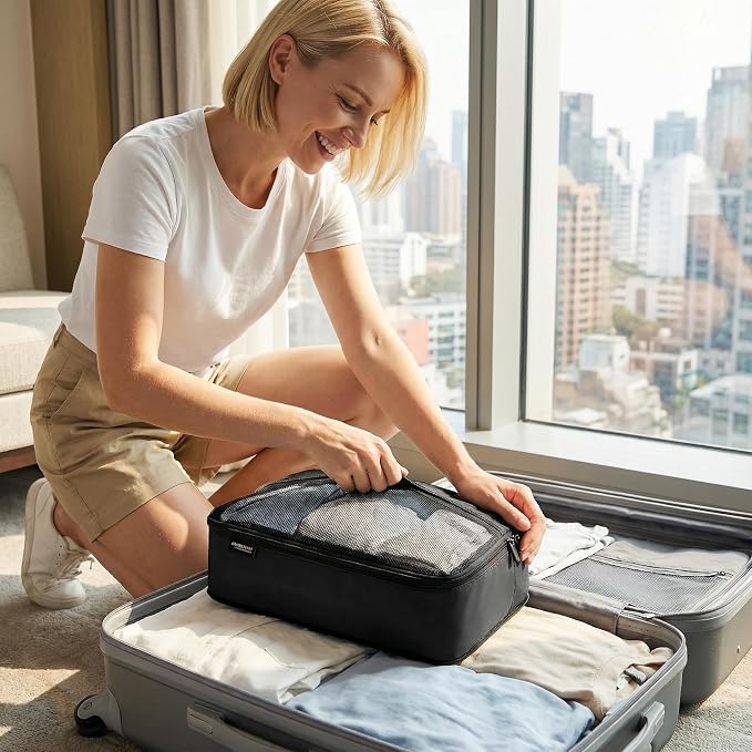 4 Piece Compression Packing Cubes for 3–7 Day Travel, Jet Black | Wrinkle-Resistant Memory Fabric, Breathable Mesh Panel, Double-Zipper, Small to Large Size Bag, Smart Organization - Image 8