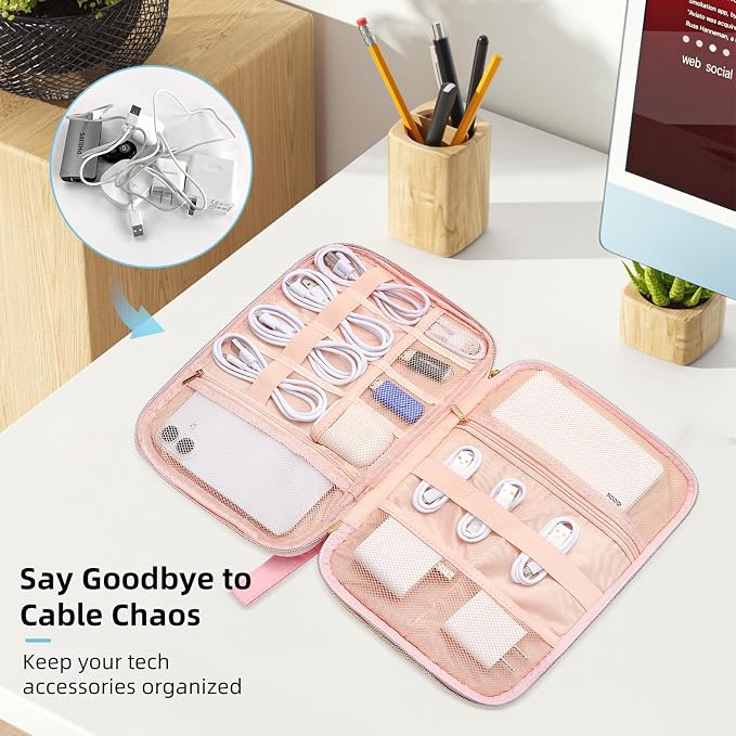 Electronics Organizer Travel Case, Charger Bag Cord Organizer Travel, All-in-One Cable Organizer Bag for Charger, Cords, Phone, Headphones, Flash Drive, SD Card (Pink, Large-Double Layer) - Image 5