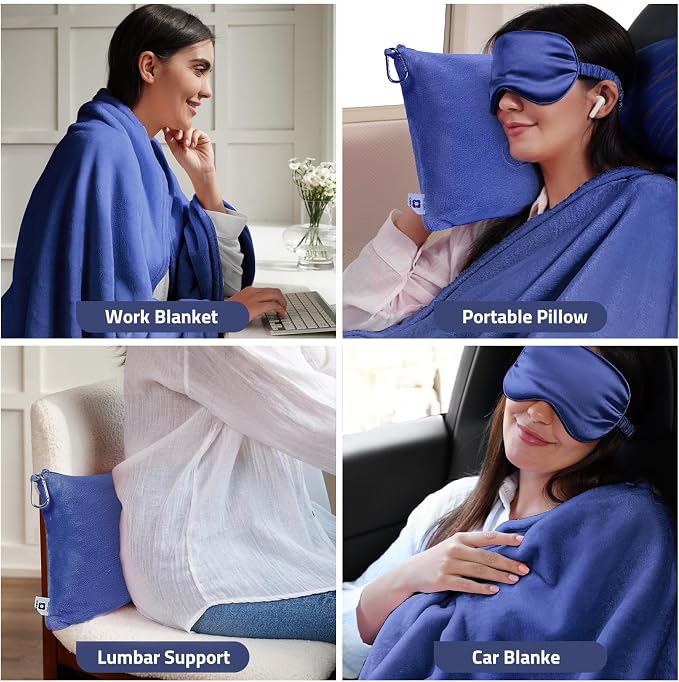 Travel Blanket, Airplane Blanket, Ultra-Soft, Warm & Lightweight, 65x40 in, Outdoor Blanket Essentials for Women, Men & Kids, Included Eye Mask, Luggage Sleeve & Backpack Clip Navy Blue - Image 5