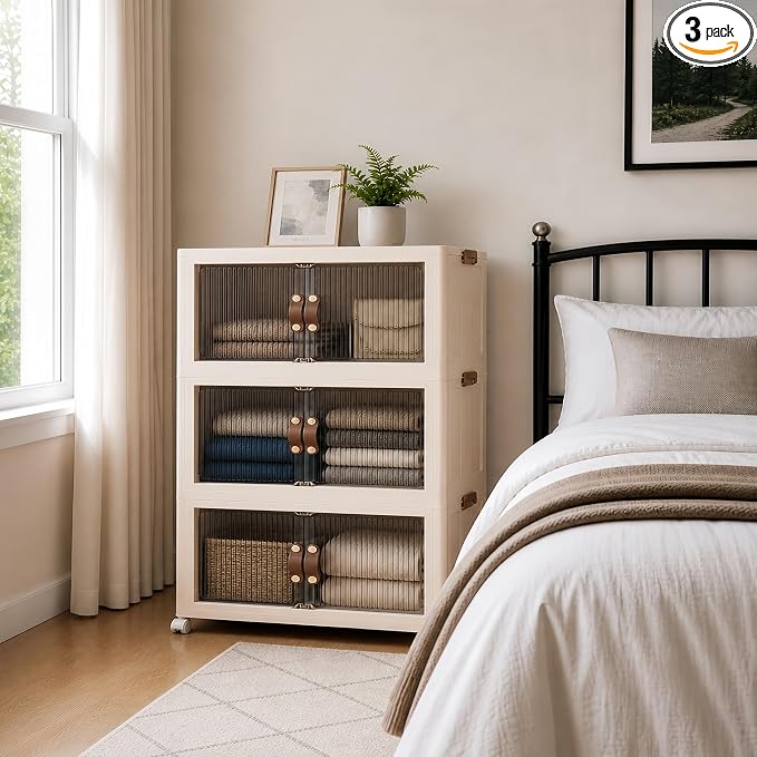 SAILUN 348Qt Stackable Storage Bins,Storage Cabinet a Lid,3Pack Blush White | Stackable Storage Drawers with Lids,26" W x 17" D x 43.7" H,Featuring open-front Access for Clothes and Closet Storage by SAILUN