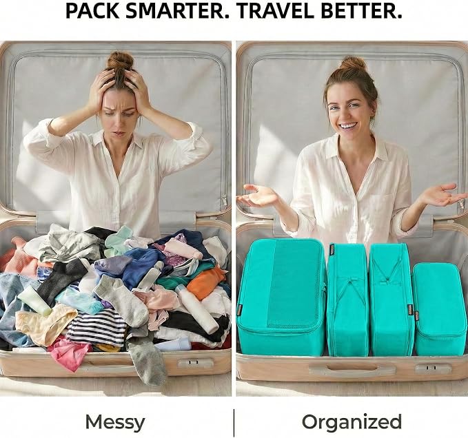 4 Piece Compression Packing Cubes for 3–7 Day Travel, Space Saving Travel Organizers with Breathable Mesh, Double-Zipper Packing Cubes for Carry-On & Suitcases (Teal) - Image 4