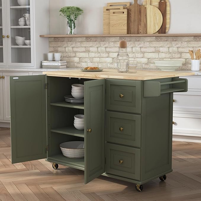Homestyles Mobile Kitchen Island Cart with Wood Top and Dropleaf Breakfast Bar, 18" D x 53.5" W x 36" H, Green - Image 4