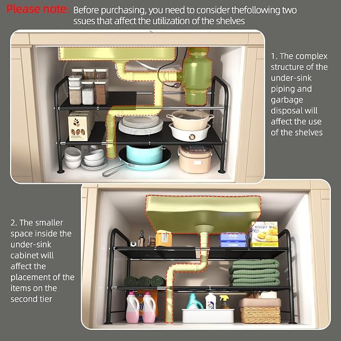 Under Sink Organizers and Storage,Expandable under cabinet organizer Shelf | 2 tier expandable shelf for kitchen and bathroom,8 Removable Carbon Steel Panels,27.36-36.02" W x 12.28" D x 16.93" H - Image 5