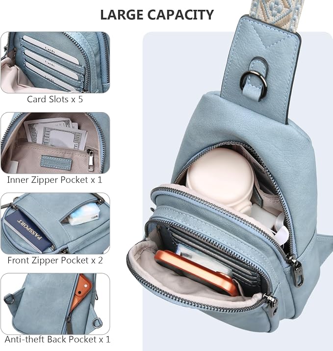 Anti-theft Sling Bags Women Small PU Leather Chest Fanny Pack | RFID Blocking,Safety Zipper,5 Card Slots,Adjustable Strap,Large Capacity,Multi Pockets,Faux Leather,Daypack,Bum Bags,Travel - Image 7