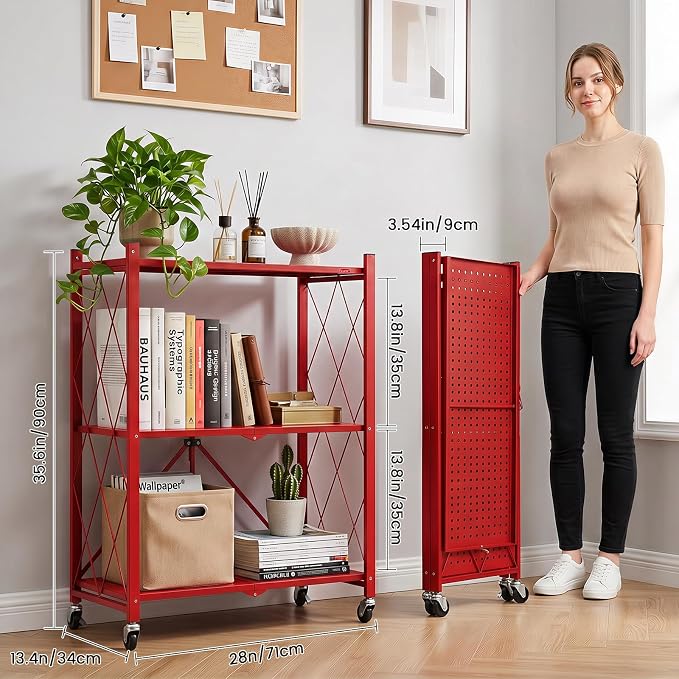 DEANIC 3 Tier Foldable Storage Shelves with Wheels, Kitchen Appliance Stand, Freestanding Metal Wire Shelf Rack, No Assembly Organizer Rolling Cart for Garage, Basement, Pantry(Red Pack of 2) - Image 3