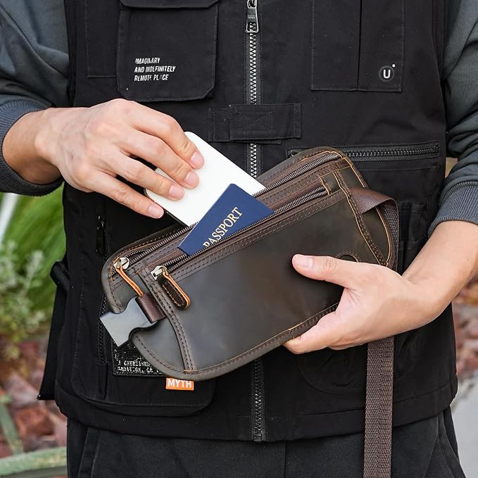 Polare Leather Money Belt Hidden Passport Holder Travel Pouch, AirTag Slot | Full Grain Cowhide Leather, RFID Protection, Travel Passport Wallet, Slim Undercover Waist Bag - Image 3