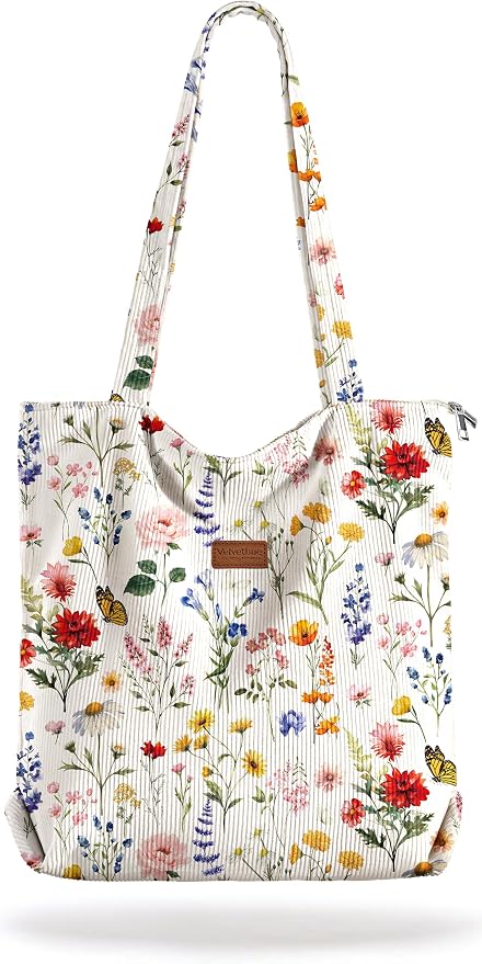 Aesthetic Corduroy Tote Bag with Zipper for Women | Reusable, Fits 14 Inch Laptop, Inner Pocket, double-sided print, Lightweight by VelvetHue