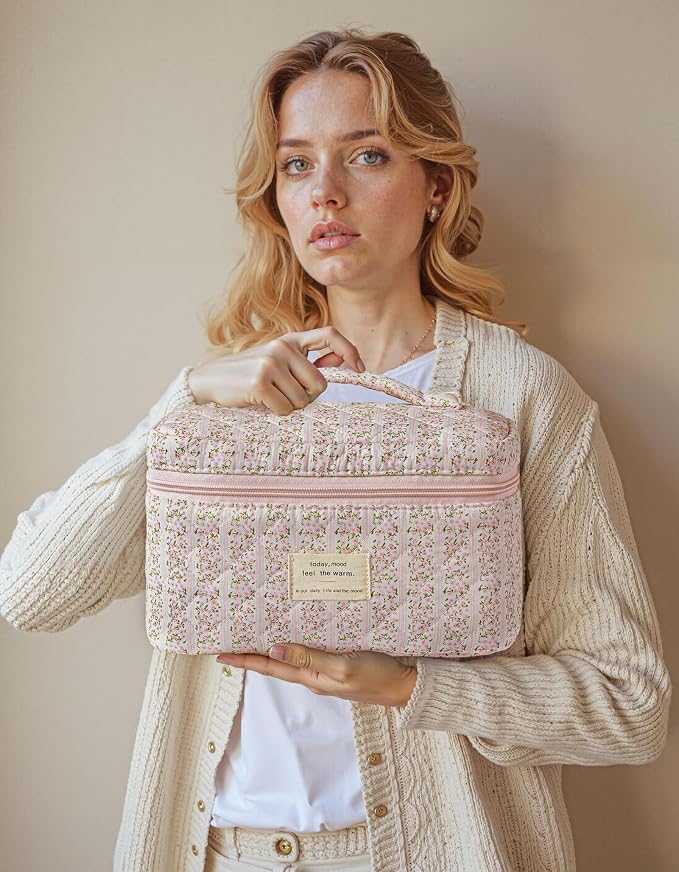 HBselect Quilted Makeup Bag, 3Pcs Cotton Large Travel Makeup Bags Organizer | Cute Floral Make up Bag Cosmetic Bag Toiletry Bag for Women Girls, Makeup Pouch for Skincare, Brushes & Travel Essentials - Image 7