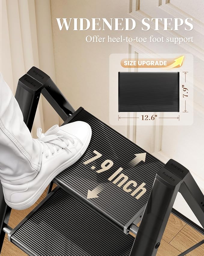 2 Step Ladder, Foldable Aluminum Step Stool with Anti-Slip Pedal | Lightweight yet Sturdy, Portable, Non Slip Feet, 300Lbs Capacity, Elegant Look, for Kitchen, Closet, Pantry, Black - Image 3