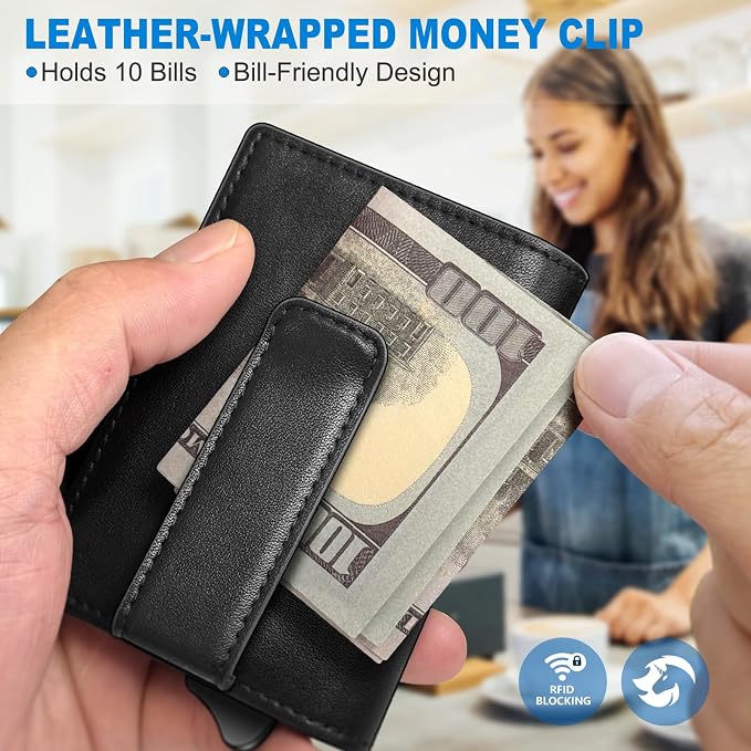 Wallet for Men, Slim Pop Up Card Holder with RFID Blocking, Minimalist Bifold Wallet with 10 Card Slots, 2 ID Window and Money Clip, Metal Flip Case with Magnetic Closure, Gift Box - Image 5