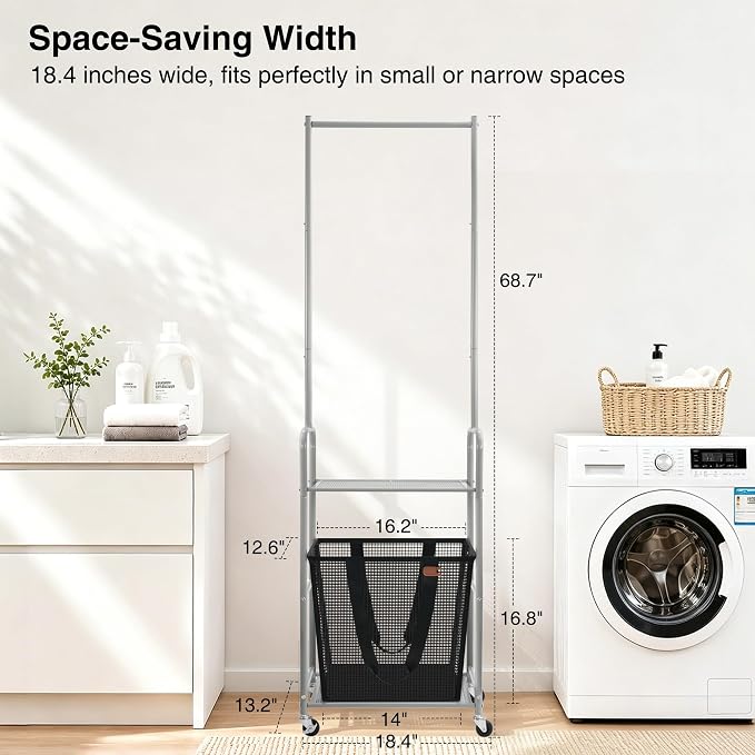 STO STO 3-in-1 Laundry Cart with Hanging Rack, Slim Space-Saving Rolling Laundry Sorter Hamper with Hanging Bar, Removable Pop-Up Mesh Laundry Basket, Storage Shelf, Lockable Wheels for Small Spaces - Image 4