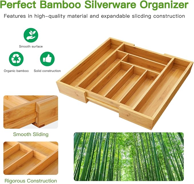 Pipishell Bamboo Expandable Silverware Drawer Organizer, Adjustable Kitchen Utensil Tray for Forks, Spoons and Knives, Wood Storage Cutlery Holder for Bedroom and Living Room - Image 5