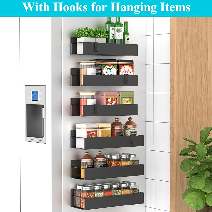 HuggieGems Metal Magnetic Spice Rack for Refrigerator Black, 6 Pack | Magnetic Shelves Heavy Duty for Fridge in Kitchen, Seasoning Storage Organizer, For Oven Washer and Dryer, For Heavier Items - Image 2
