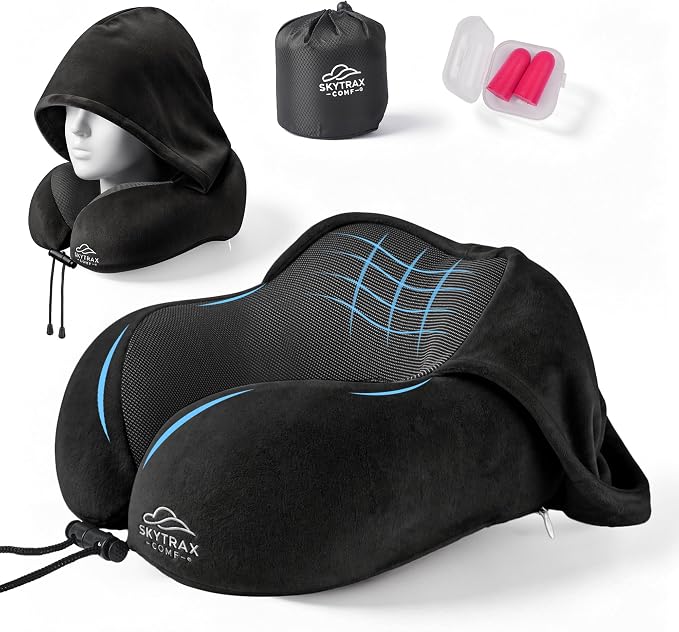 SkytraxComf® Travel Neck Pillow with Hood for Privacy on Long Flights | Memory Foam | Airplane Sleep | Safety-Tested Materials | Extra Large Hood | Chin Support | Earplugs | Washable Cover - Image 9