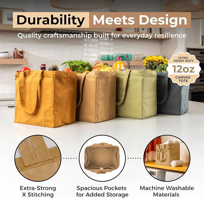 VeraMia Canvas Grocery Bag 3pc XL Set with Real Pockets, Long Shoulder Strap and Short Handle. Heavy Duty, Foldable, Washable - Image 4